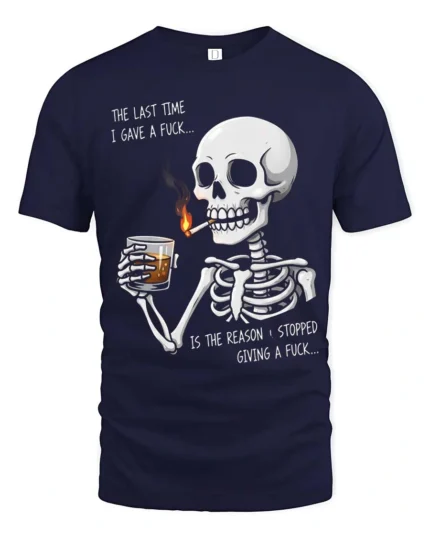 Sarcastic Last Time I Gave A Fuck Skeleton Graphic Tee - navy t-shirt on white background