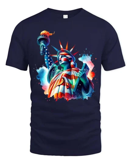 Striking Statue Of Liberty Watercolor Splash Pop Art Tee - navy t-shirt on white background