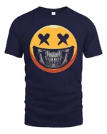 Striking Yellow Smiley Face Skull Mask Graphic Tee - navy t-shirt on white background