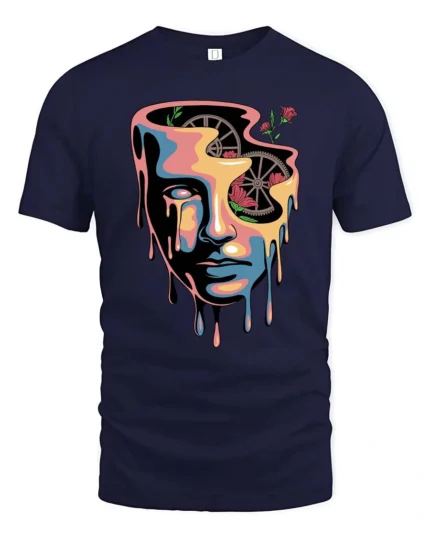 Beautiful Melting Surreal Face Melting Gears Graphic Tee - navy t-shirt on white background