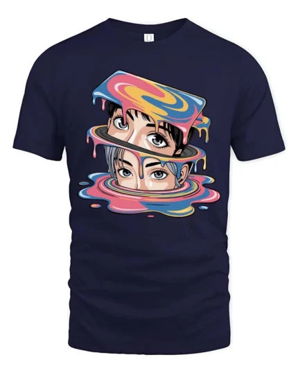 Vibrant Vaporwave Dripping Slime Manga Eyes Tshirt - navy t-shirt on white background