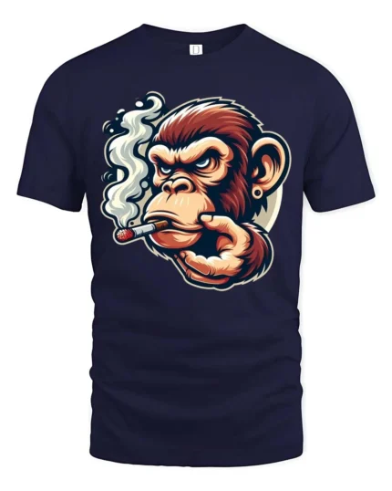Smoking Chimp Cigar Grinder Mascot Graphic Tee - navy t-shirt on white background