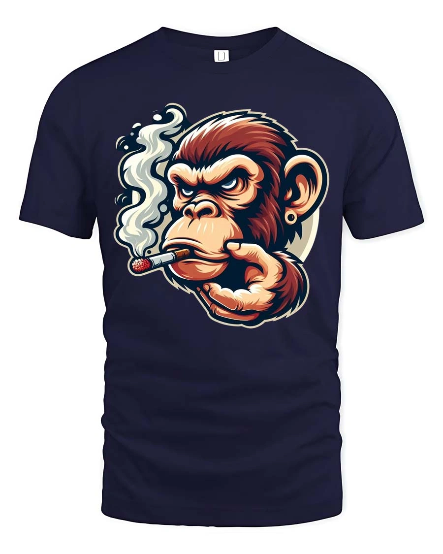 Smoking Chimp Cigar Grinder Mascot Graphic Tee - 1 Smoking Chimp Cigar Grinder Mascot Graphic Tee - navy t-shirt on white background