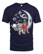 Captivating Astronaut Alien Moon Pizza Box Graphic Tee - navy t-shirt on white background