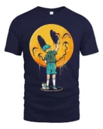 Creative Street Art Boy Painting Yellow Smiley Face Graphic Tee - navy t-shirt on white background