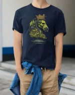 Rebellious Gilded Crown Chessboard Match Graphic T shirt - model wearing navy tee with hands in pockets