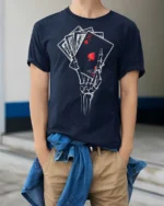 Awesome Royal Flush Grinning Boneyard Casino Soft Tshirt - model wearing navy tee with hands in pockets