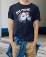 Entertaining Boo Ffering Wifi Ghost Laptop Soft Tshirt - model wearing navy tee with hands in pockets