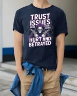 Trust Issues Grim Reaper Gunfighter Graphic Tee - model wearing navy tee with hands in pockets