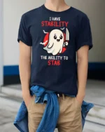 I Have Stability Ability To Stab Ghost Graphic Tee - model wearing navy tee with hands in pockets