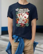 Awesome Retro Casino Poker Match Checkered Banner Tshirt - model wearing navy tee with hands in pockets