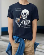 Sarcastic Last Time I Gave A Fuck Skeleton Graphic Tee - model wearing navy tee with hands in pockets