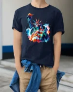 Striking Statue Of Liberty Watercolor Splash Pop Art Tee - model wearing navy tee with hands in pockets
