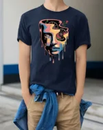 Beautiful Melting Surreal Face Melting Gears Graphic Tee - model wearing navy tee with hands in pockets