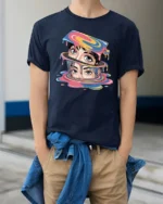 Vibrant Vaporwave Dripping Slime Manga Eyes Tshirt - model wearing navy tee with hands in pockets