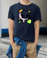 Striking Neon Skull Crown Cross Eyes Graphic Tee - model wearing navy tee with hands in pockets