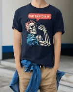 Awesome We Can Do It Empowerment Bones Soft Tshirt - model wearing navy tee with hands in pockets