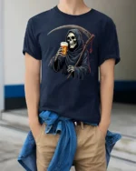 Cheeky Underworld Bartender Skeleton Harvester Tshirt - model wearing navy tee with hands in pockets