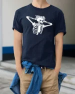 Striking Shocked Skeleton Screaming Crashing Bones Graphic Tee - model wearing navy tee with hands in pockets