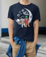 Captivating Astronaut Alien Moon Pizza Box Graphic Tee - model wearing navy tee with hands in pockets