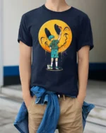Creative Street Art Boy Painting Yellow Smiley Face Graphic Tee - model wearing navy tee with hands in pockets