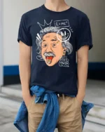 Street Graffiti Albert Einstein Rocker Graphic Tee - model wearing navy tee with hands in pockets