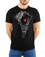 Awesome Royal Flush Grinning Boneyard Casino Soft Tshirt - model wearing black tee with hands behind back