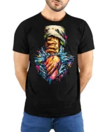 Striking Splash Art Helping Hand Compassion Graphic Tee - model wearing black tee with hands behind back