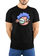 Quirky Big Eyed Blue Curly Hair Cartoon Character Graphic Tee - model wearing black tee with hands behind back