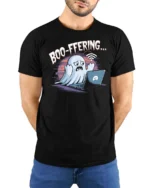 Entertaining Boo Ffering Wifi Ghost Laptop Soft Tshirt - model wearing black tee with hands behind back