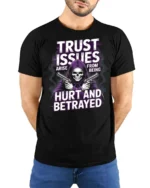 Trust Issues Grim Reaper Gunfighter Graphic Tee - model wearing black tee with hands behind back