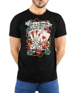 Awesome Retro Casino Poker Match Checkered Banner Tshirt - model wearing black tee with hands behind back