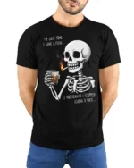 Sarcastic Last Time I Gave A Fuck Skeleton Graphic Tee - model wearing black tee with hands behind back