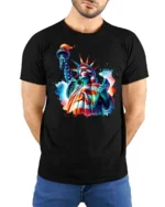 Striking Statue Of Liberty Watercolor Splash Pop Art Tee - model wearing black tee with hands behind back
