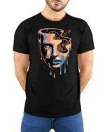 Beautiful Melting Surreal Face Melting Gears Graphic Tee - model wearing black tee with hands behind back