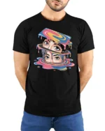 Vibrant Vaporwave Dripping Slime Manga Eyes Tshirt - model wearing black tee with hands behind back