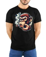 Smoking Chimp Cigar Grinder Mascot Graphic Tee - model wearing black tee with hands behind back