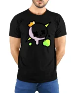 Striking Neon Skull Crown Cross Eyes Graphic Tee - model wearing black tee with hands behind back