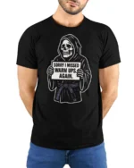 Entertaining Sorry I Missed Warm Ups Skeleton Graphic Tee - model wearing black tee with hands behind back