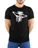 Striking Shocked Skeleton Screaming Crashing Bones Graphic Tee - model wearing black tee with hands behind back