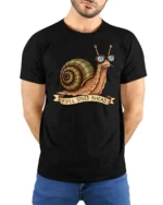 Amusing Full Speed Ahead Snail Sunglasses Graphic Tee - model wearing black tee with hands behind back