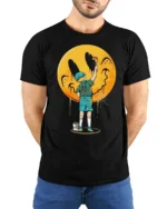 Creative Street Art Boy Painting Yellow Smiley Face Graphic Tee - model wearing black tee with hands behind back