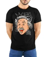 Street Graffiti Albert Einstein Rocker Graphic Tee - model wearing black tee with hands behind back