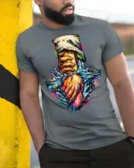 Striking Splash Art Helping Hand Compassion Graphic Tee - model wearing grey tee, leaning on column
