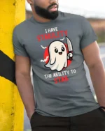 I Have Stability Ability To Stab Ghost Graphic Tee - model wearing grey tee, leaning on column