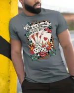 Awesome Retro Casino Poker Match Checkered Banner Tshirt - model wearing grey tee, leaning on column
