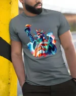 Striking Statue Of Liberty Watercolor Splash Pop Art Tee - model wearing grey tee, leaning on column