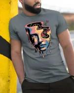 Beautiful Melting Surreal Face Melting Gears Graphic Tee - model wearing grey tee, leaning on column