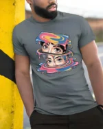 Vibrant Vaporwave Dripping Slime Manga Eyes Tshirt - model wearing grey tee, leaning on column