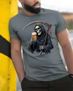 Cheeky Underworld Bartender Skeleton Harvester Tshirt - model wearing grey tee, leaning on column